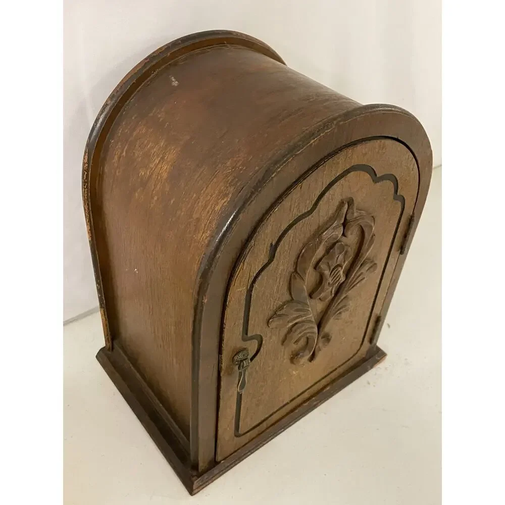 Vintage Wooden Cathedral Clock Case Cabinet Shrine Arched Door Angel Figurine